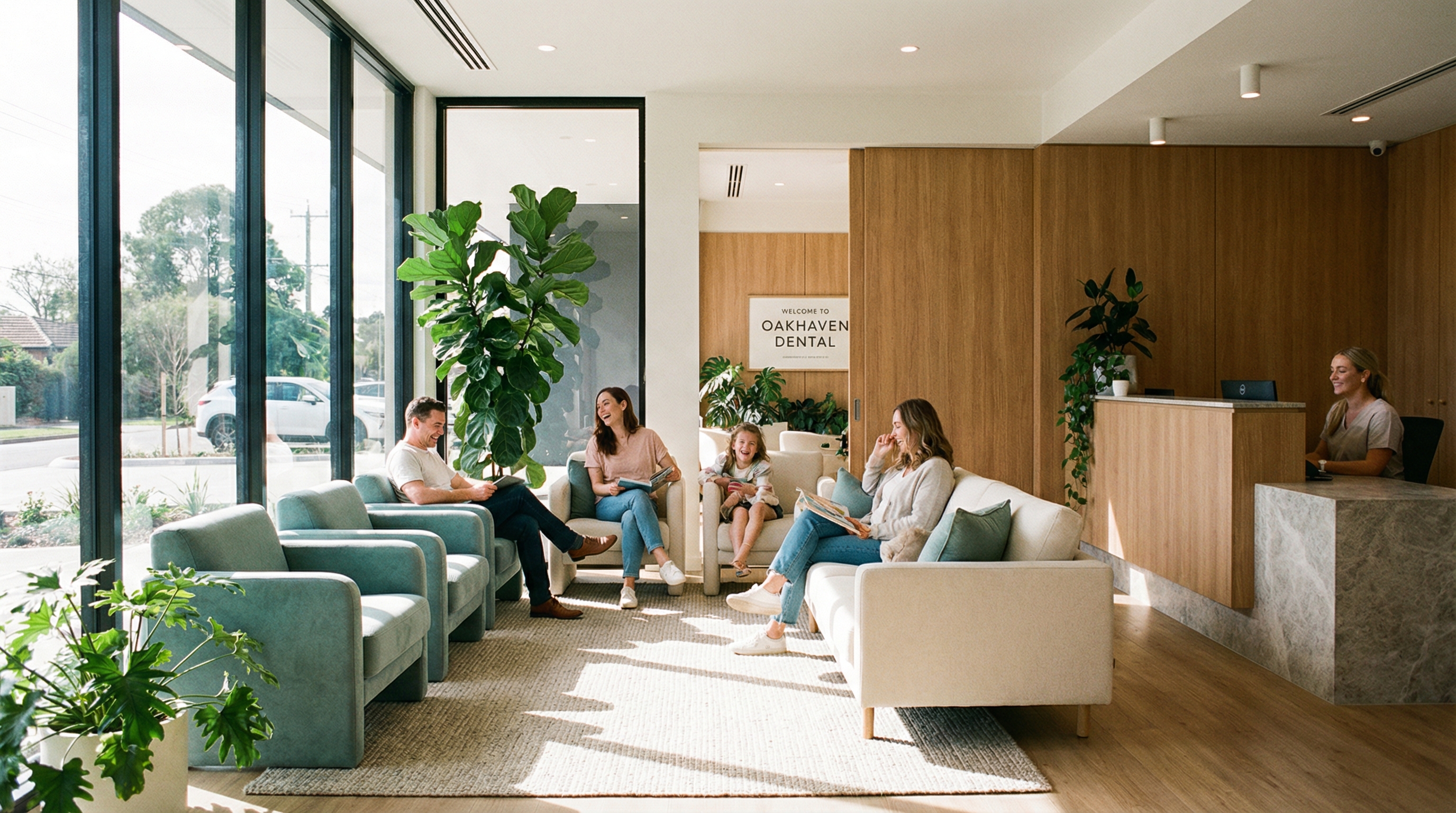 Warm, inviting dental office reception at A Dentistry in Reno, NV with comfortable seating and natural light