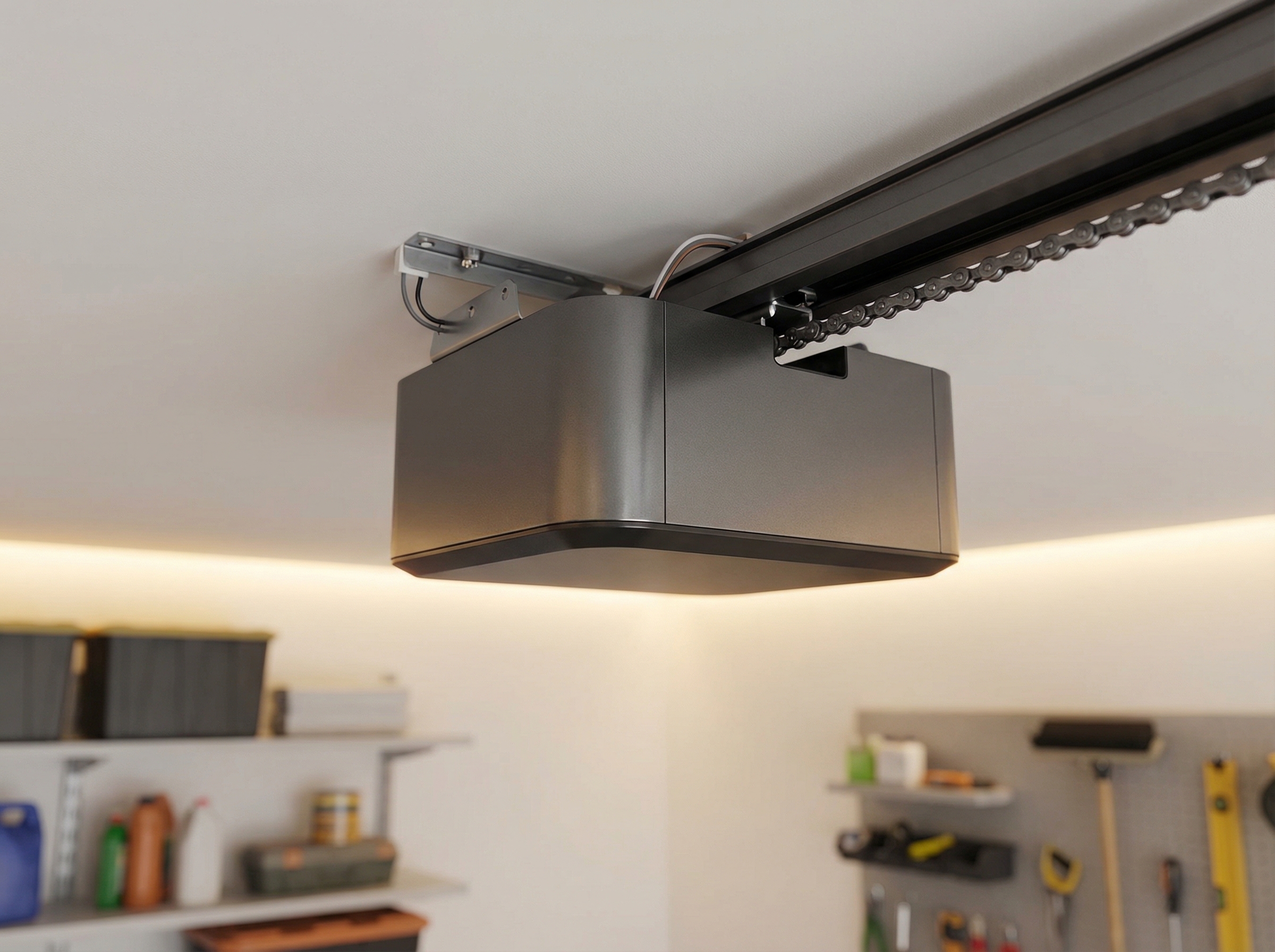 Modern garage door opener motor unit mounted on a residential garage ceiling showing the rail system and motor housing